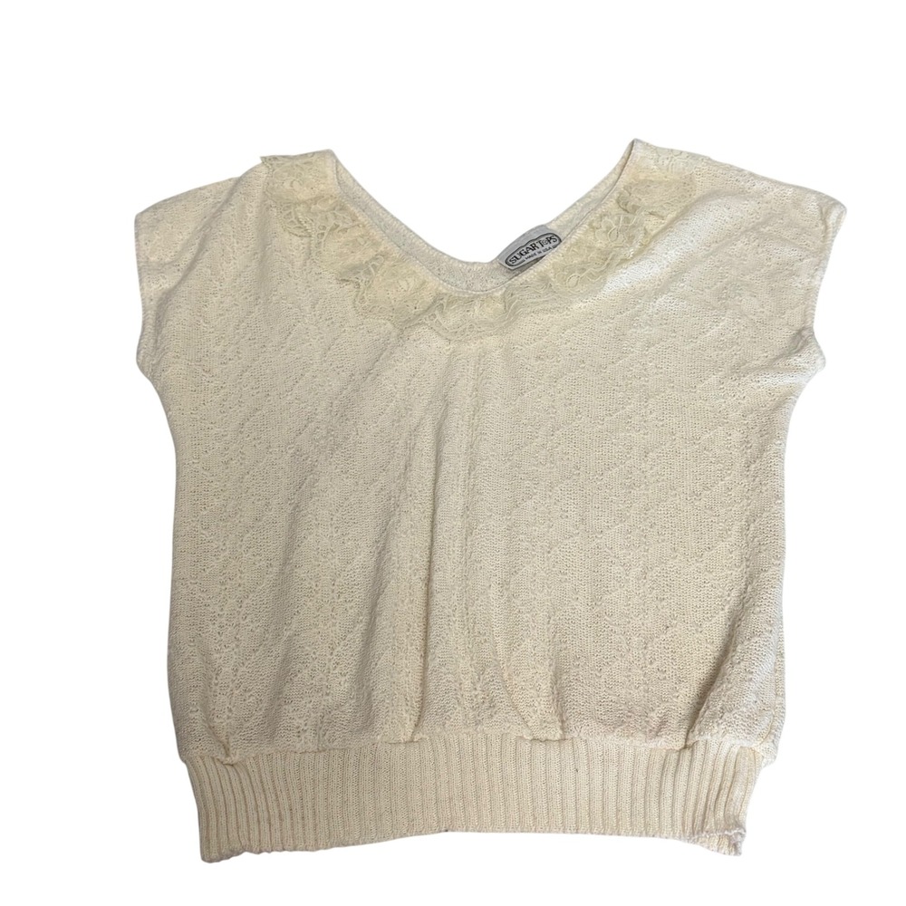 Vintage Sugar Tops Womens Cream Knit Lace V-Neck Cap Sleeve Blouse Made in USA L